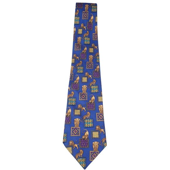 SALVATORE FERRAGAMO Silk Tie Lions Elephants Cheetahs Monkeys Blue *Tiny Flaws* - Picture 1 of 8